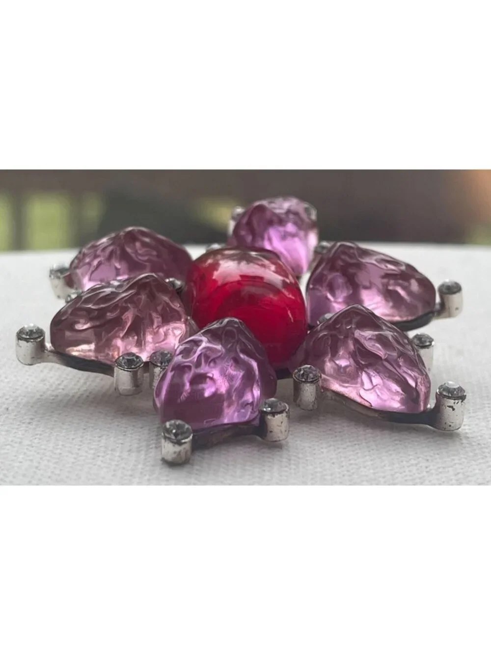 Vtg Cecile & Jeanne Poured Glass Brooch Pendant Gripoix Style W/ Pink Glass & Rh